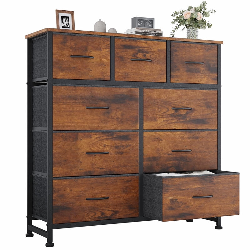 Kelno 9 Drawer Fabric Dresser Storage Tower Chest Organizer with Wood Top Steel Frame, Rustic Brown