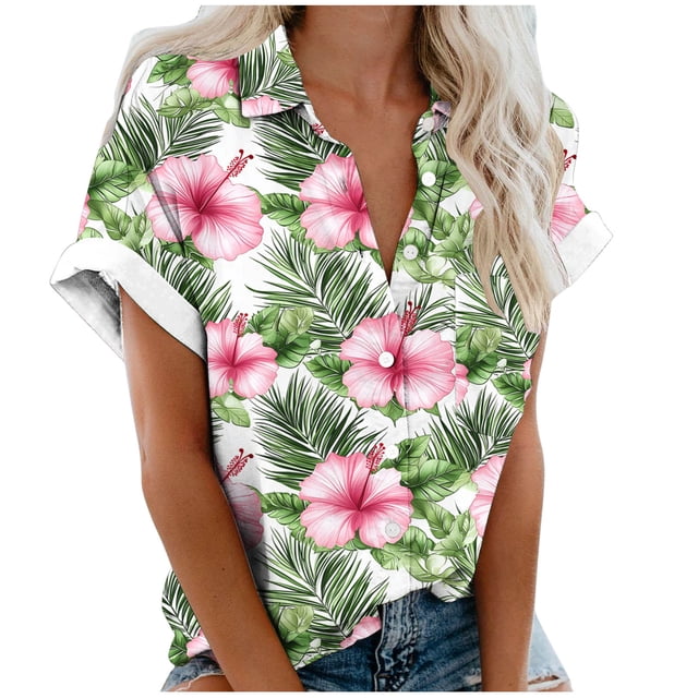 Pantalones Cortos para las Mujeres Impresión Sexy Cómodo Bolsillo de Manga Corta, Botón Top Blusa Camiseta