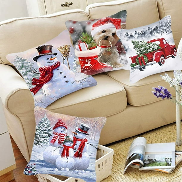 Set Of 4 Christmas Pillow Covers 18x18 Inches – Linen Holiday Cushion Covers For Couch, Sofa & Car