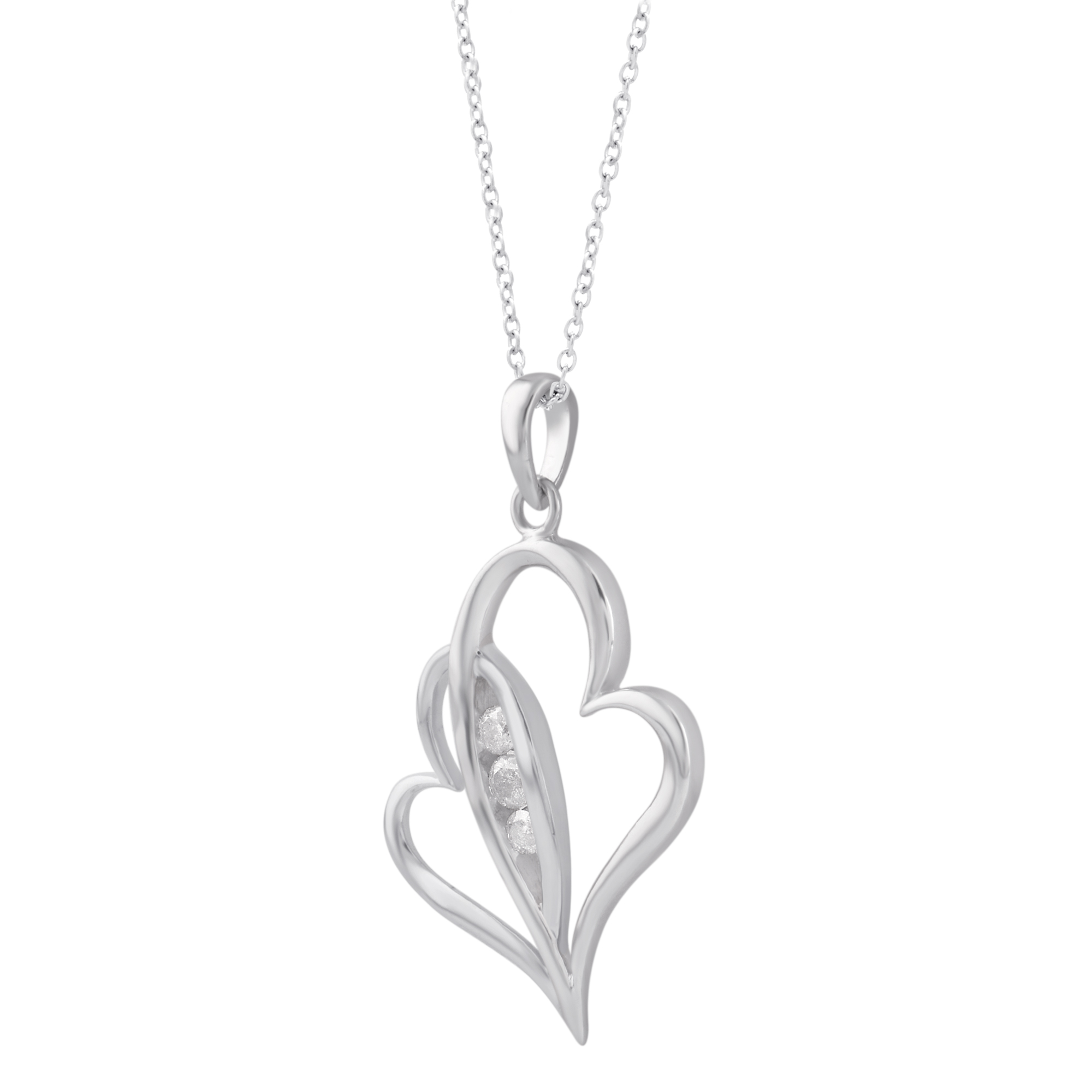 1/10 Carat T.W. Three Stone Sterling Silver Heart Pendant With 18 Inch Chain.