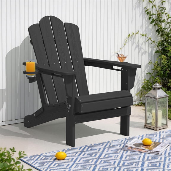 LOYALICE Outdoor Patio Folding HDPE Resin Adirondack Chair with Double Cup Holder, Black