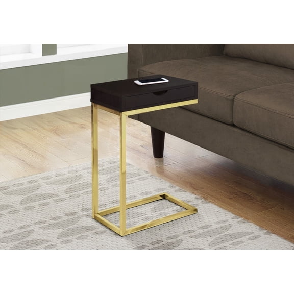Brown Laminate & Gold Metal C-shaped Accent Table, for Living Room & Bedroom, with Storage Drawer