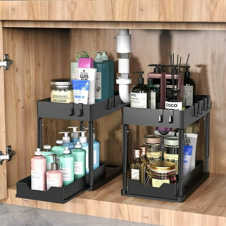 COCOBELA Adjustable Height Under Sink Organizers and Storage, 2 Tier Sliding Bathroom organizer,Multi-Use Under Kitchen Cabinet Storage Shelf(Black)