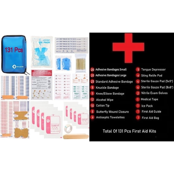 131 Pcs Small Blue Color Travel First Aid Kit Treat and Protect Most Injuries, Ready for Emergency at Home, Office ,Outdoors, Car, Truck, Camping, Workplace, Traveling , Hiking , Camping .