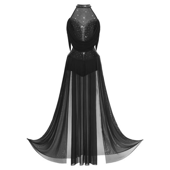 Haitryli Lyrical Dance Dress for Women Halter Sleeveless Mesh Flowy Tulle Skirt Maxi Long Dress Black S