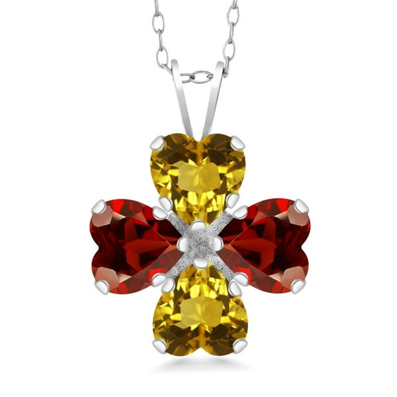 Gem Stone King 925 Sterling Silver Yellow Citrine and Red Garnet 4 Heart Shape Gemstone November Birthstone Pendant Necklace for Women (3.24 Cttw, 6MM Heart, with 18 inch Silver Chain)