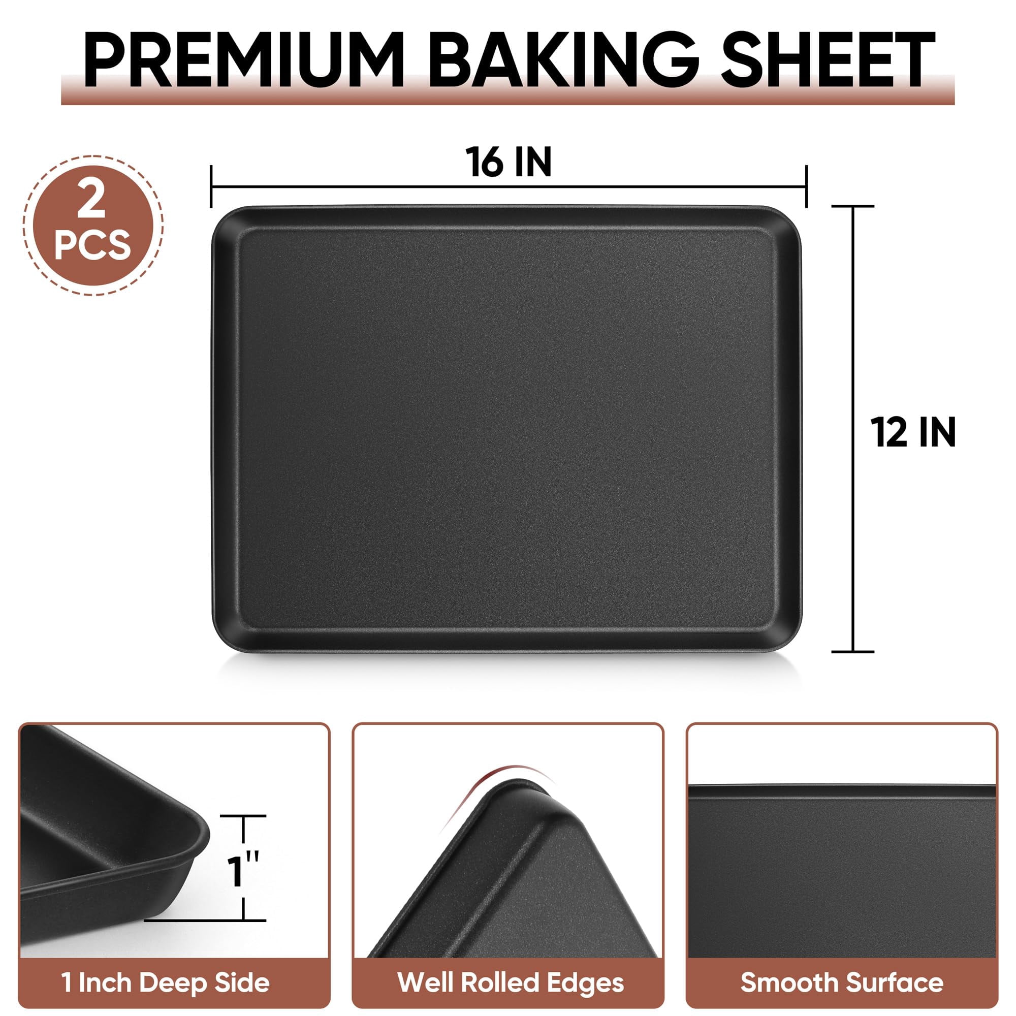 Baking Sheet Set Of 2  16" X 12" 1" Large Cookie Pan For Nonstick Carbon Steel Trays Oven Heat-resistant & Easy Clean Black