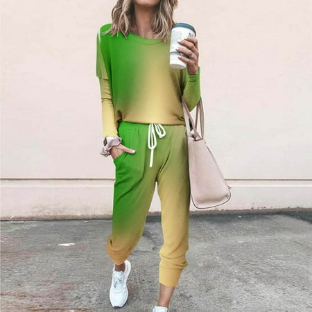 SZJXBUY Two Piece Outfits for Women Gradient Color Sweatsuits Sets 2 Pieces Jogger Set with Pockets Plus Size Long Sleeve Crewneck Jogging Sweat Suit 2024 Deals Yellow L