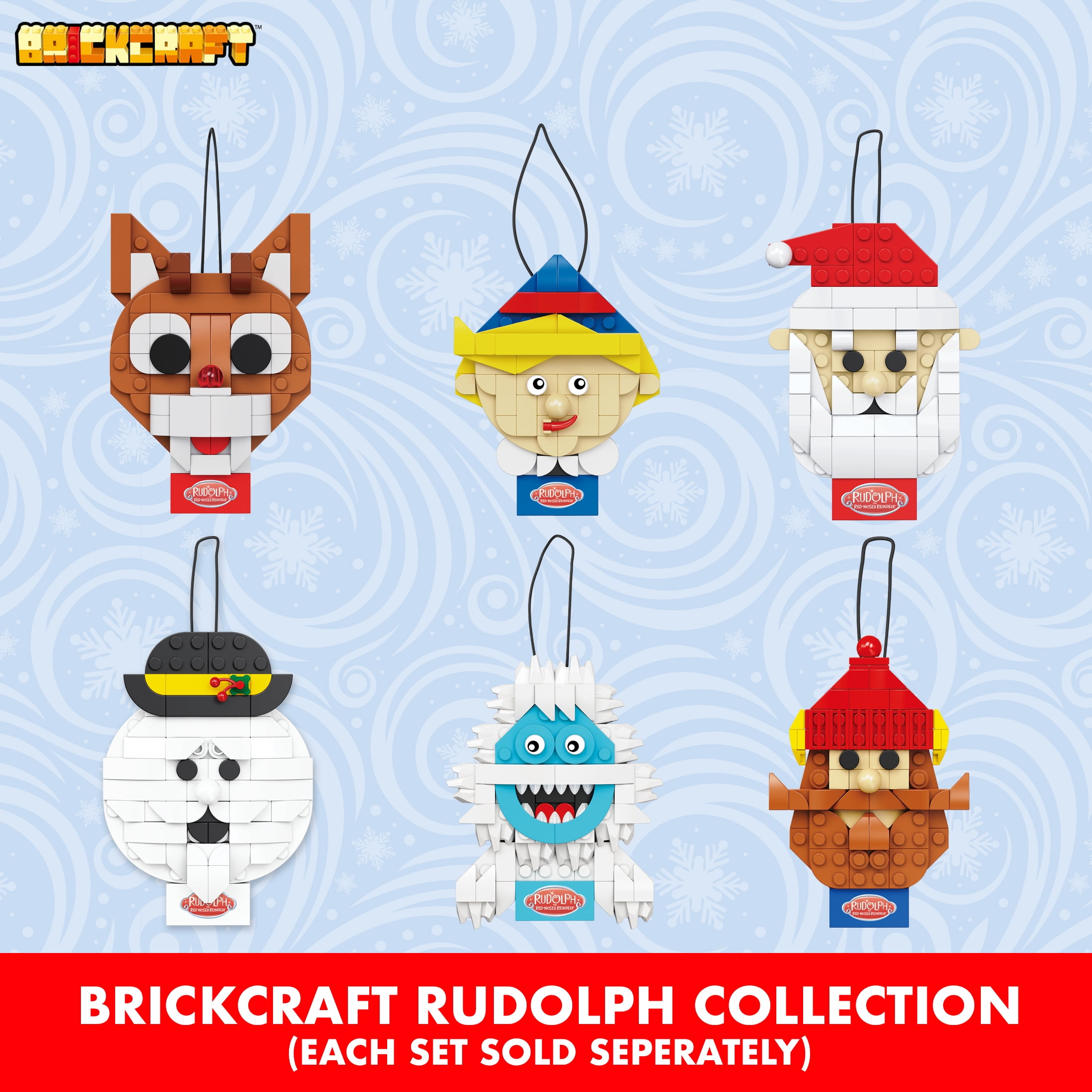 Brickcraft Rudolph the Red-Nosed Reindeer Sam the Snowman Ornament Building Kit, 77-Piece Hanging Christmas Decoration Collectible