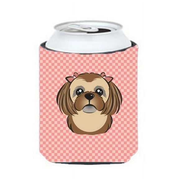 Checkerboard Pink Chocolate Brown Shih Tzu Can Or Bottle Hugger, 12 Oz.