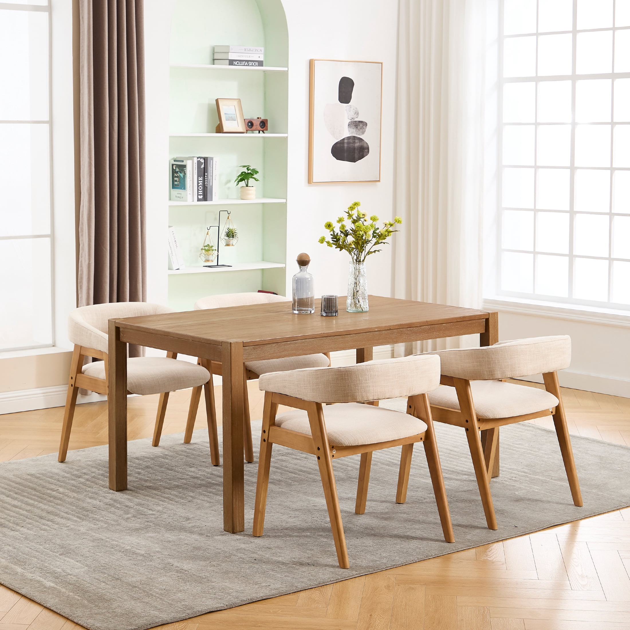 Guyou Modern Dining Chairs Set of 2, Linen Upholstered Wooden Kitchen Side Chairs, Barrel Armchair with Curved Backrest for Dining Room Kitchen Living Room, Beige