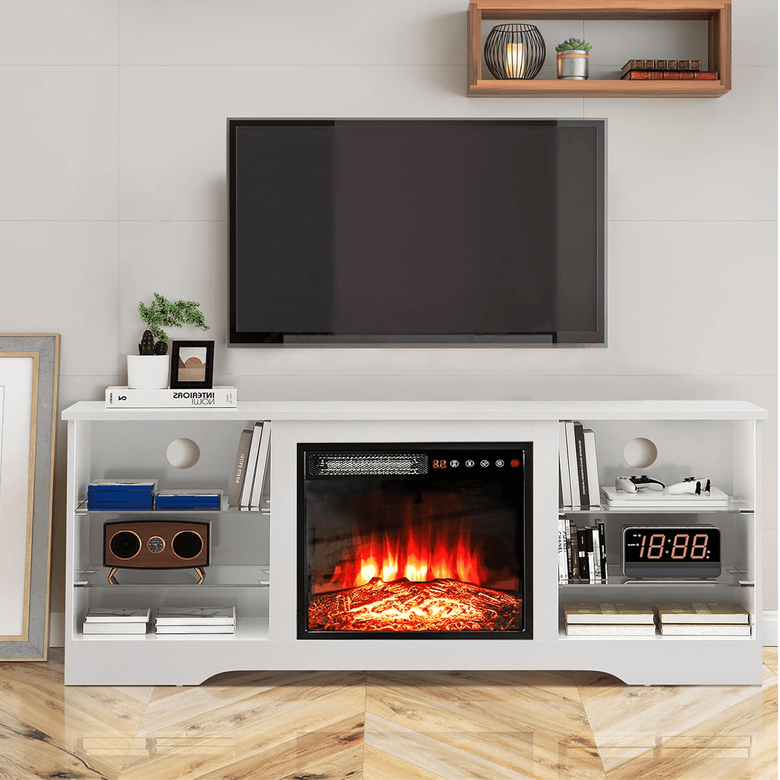 Waleaf Fireplace TV Stand with 18'' Fireplace for TVs up to 65 inch, Two Adjustable Glass Shelves Modern Entertainment Center for Living Room with LED Light