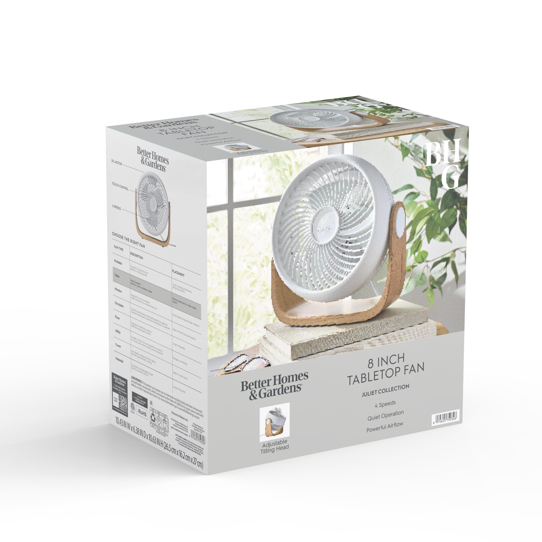 Better Homes & Gardens 8'' 4-Speed Wood Tabletop Fan, Juliet Collection, White and Light Honey
