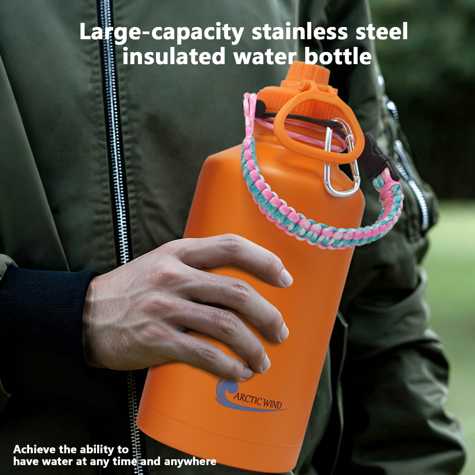 Arcticwind 64 oz Insulated Water Bottle, 304 Stainless Steel Leak Proof & BPA-Free, Half Gallon Water Bottle, Paracord Handle, 64oz Water Bottle Triple Wall Thermal Sweat-Proof Gallon Water Jug