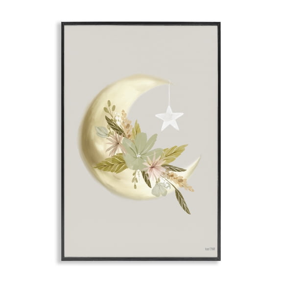 Stupell Industries Shabby Chic Moon with Flowers Black Framed Giclee Art, 12 x 18, by House Fenway