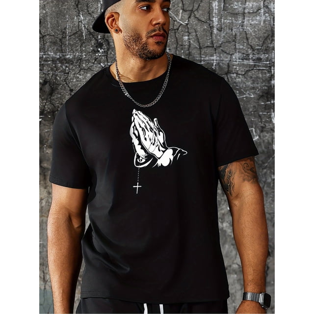 Men's Praying Hands Pattern Crew Neck T-shirt, Casual Comfy Tees Tshirts For Summer, Men's Clothing