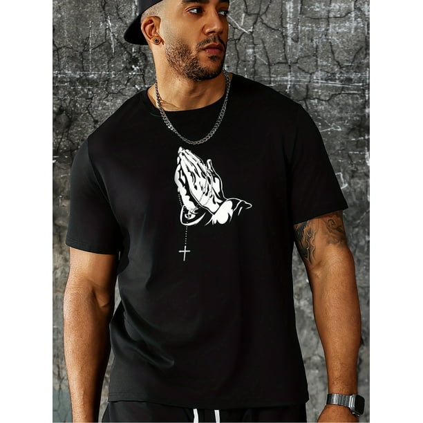 Men's Praying Hands Pattern Crew Neck T-shirt, Casual Comfy Tees Tshirts For Summer, Men's Clothing