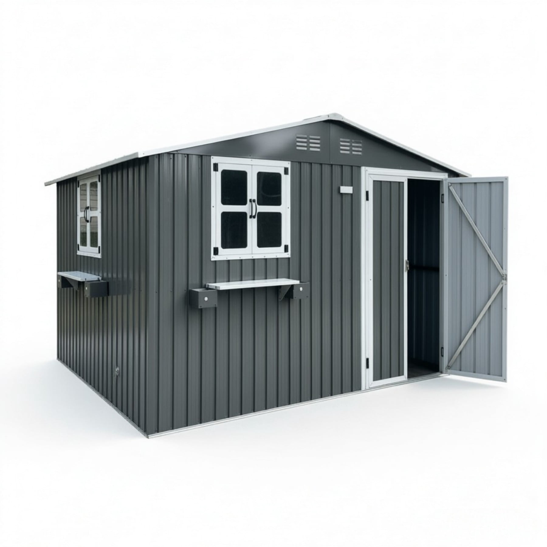 Aukfa 10x8 FT Outdoor Storage Shed with Lockable Doors&Flower Rack, Metal Garden Shed for Bike/Generator/Tool Storage, Gray