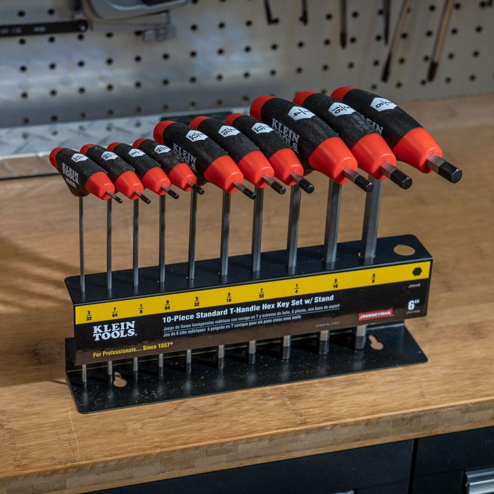 JTH610E T-Handle Hex Key Set, SAE Inch Sizes Allen Wrench Set with 6-Inch Blades, Stand Included, 10-Piece