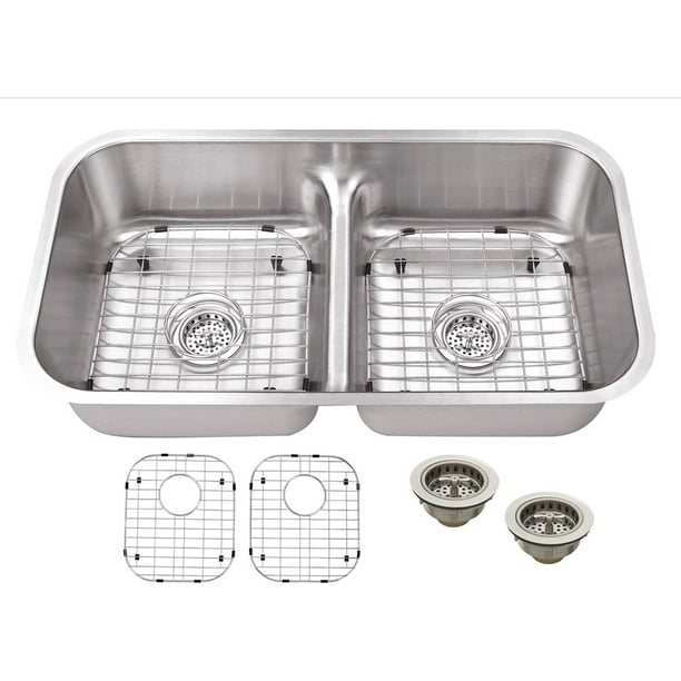Magnus Sinks 32-1/4-in x 18-7/8-in 16 Gauge Stainless Steel 50/50 Double Bowl Low Divider Kitchen Sink with Grid Set and Drain Assemblies