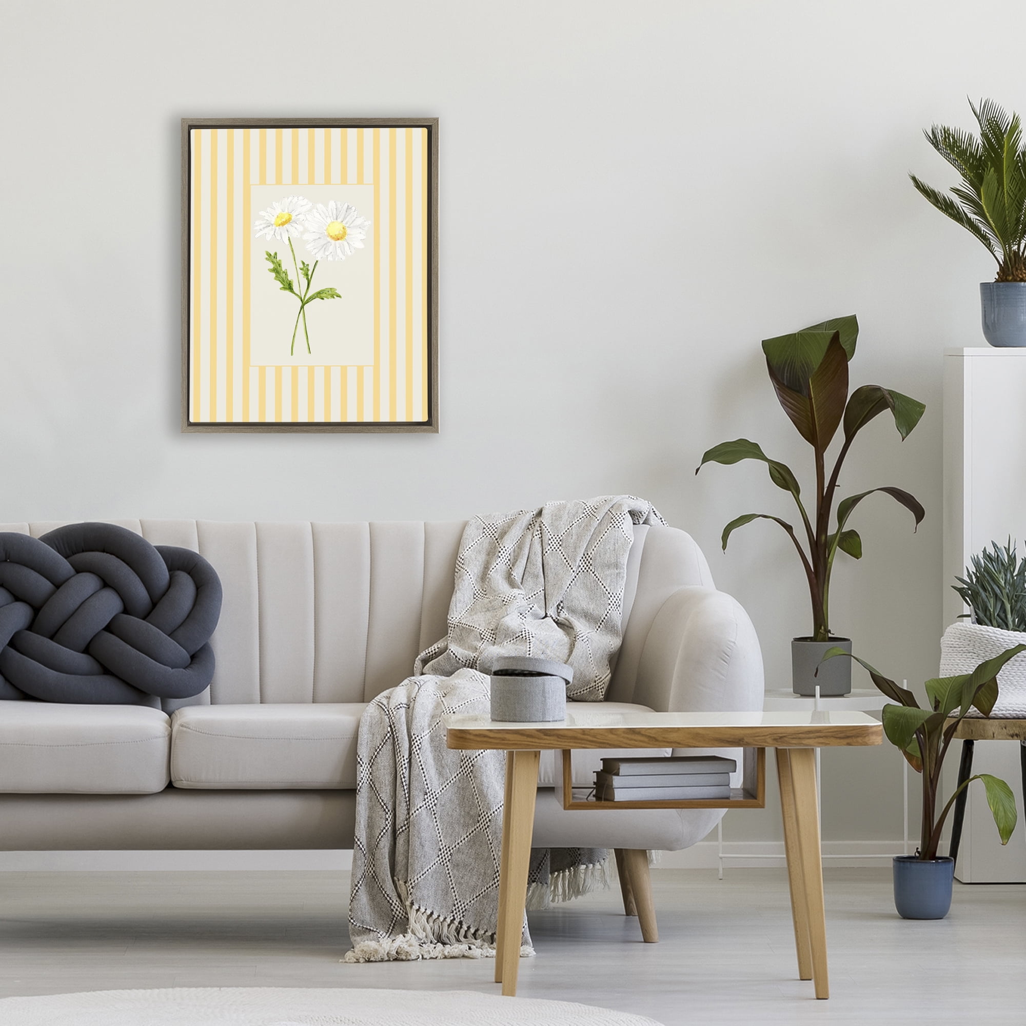 Yellow Stripe Daisy Brown Framed Floater Canvas Wall Art, design by Lisa Wehmeyer