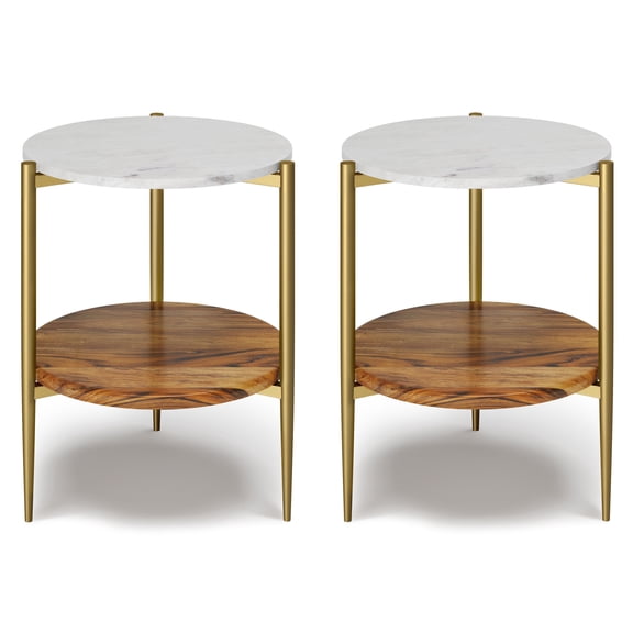 Simpli Home Wagner 18 inch Round Mid-Century Genuine Marble & Solid Acacia Side Tables in White/Gold/Natural (Set of 2)