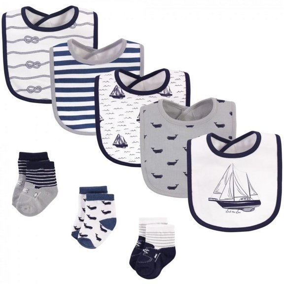 Hudson Baby Infant Boy Cotton Bib and Sock Set 8pk, Sail The Sea, One Size