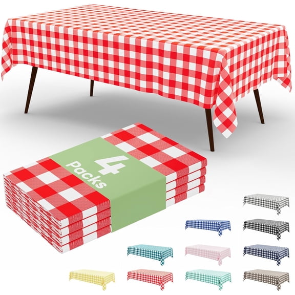4 Packs Buffalo Disposable Table Cloth, 54 x 108 Inch Waterproof Plastic Tablecloth, Rectangle Red and White Checkered Table Covers for Picnic, Birthday, Party, Back to School
