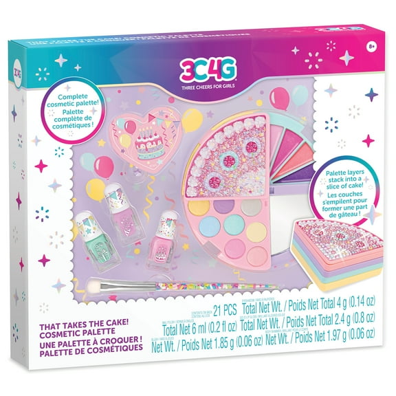 3C4G: That Takes the Cake! Cosmetic Palette - 21pc Shaped Complete Beauty Set, Blush-Eyeshadow-Lip Gloss-Nail Polish, Three Cheers For Girls, Kids 8 