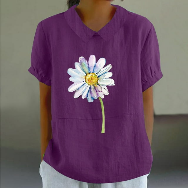 Blouses pour Femmes, T-Shirt Décontracté Imprimé Mode Manches Courtes Col Poupée Mignon Coton et Lin Blouse