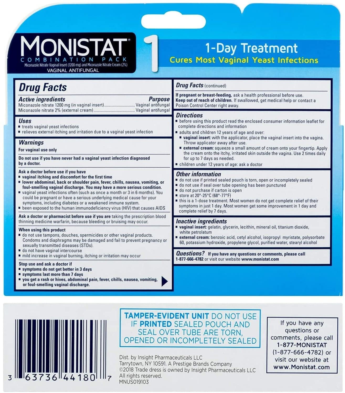 Monistat 1, 1-Day or Night Combination Vaginal Antifungal Treatment (Pack of 6)