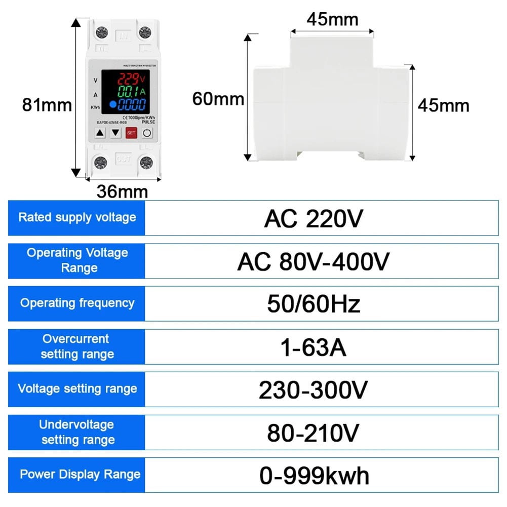 63A 230V 3IN1 Display Din Rail Adjustable Over Voltage Current Protective Device