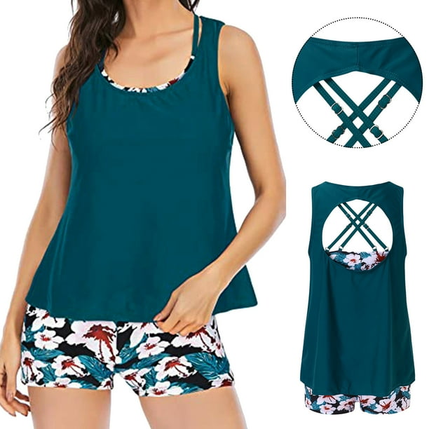 MKLEKYY Trajes De Baño Mujer Curvy Women Tankini Swimsuits For Women 3 Piece Bathing Suits Swim Tank Top With Boy Shorts And Bra Swimwear