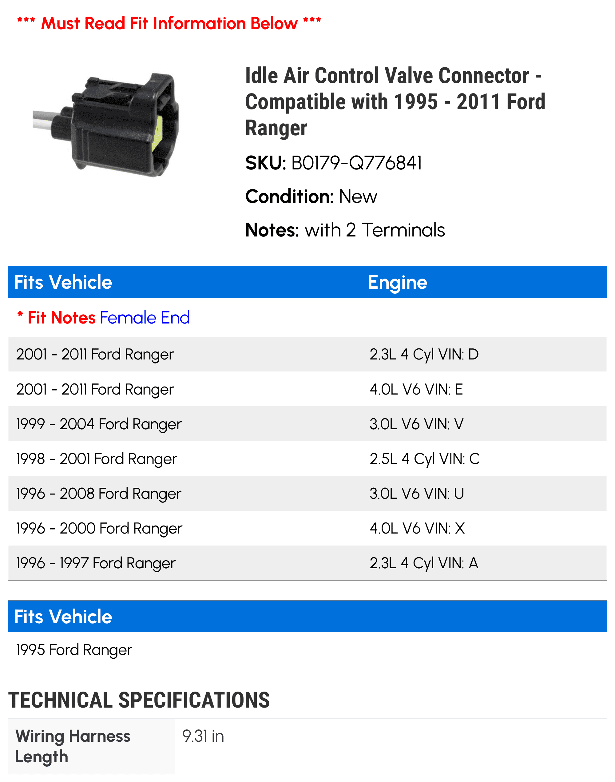 Idle Air Control Valve Connector - Compatible with 1995 - 2011 Ford Ranger 1996 1997 1998 1999 2000 2001 2002 2003 2004 2005 2006 2007 2008 2009 2010