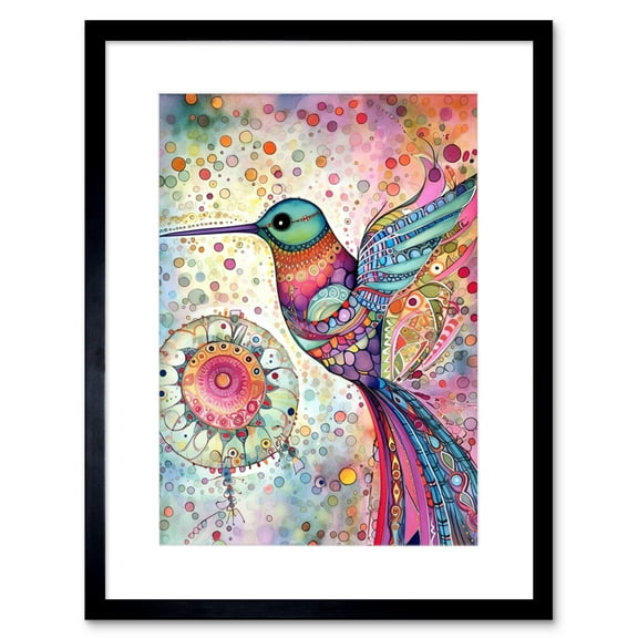 Hummingbird With Mandala Patterns Colourful Folk Art Watercolour Painting Artwork Framed Print Wall Art 9X7 Inch