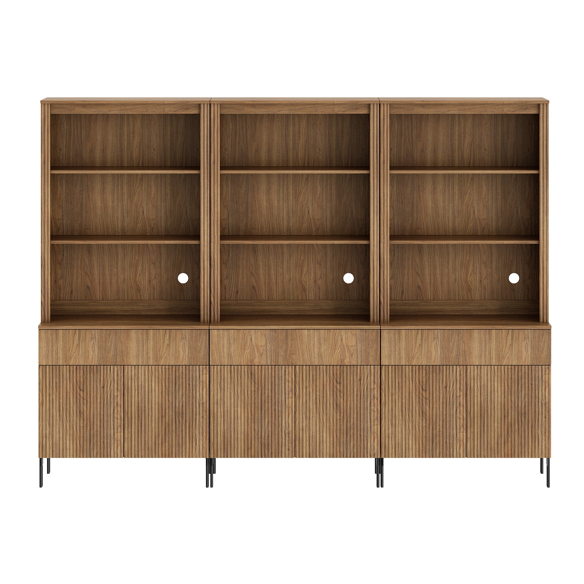 71.6"H X 94.5"W Set Of 3 Bookcase with Storage Cabinets, 15 Tier Bookshelf with Fluted Doors and Drawers, Large Modern Display Cabinet For Living Room Bedroom Home Office Kitchen