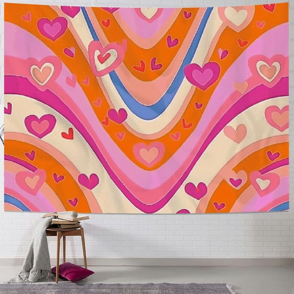 PRATYUS Retro Hippie Tapestry Cute Heart Tapestry 60s 70s Groovy Tapestry Aesthetic Tapestry Wall Hanging for Studio Room Bedroom Living Room Dorm 40x30inch