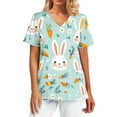 thumbnail image 2 of Healing Hands Scrub Top，Easter Scrub Tops Women Bunny Egg Hunt Print Medical Scrubs Top Stretchy V Neck Short Sleeve Nurse Uniforms，Cyan，XXXXXL, 2 of 5
