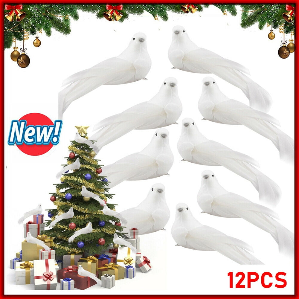 2Pcs Artificial White Feather Bird Clip on Christmas Tree Xmas Home Party Decor