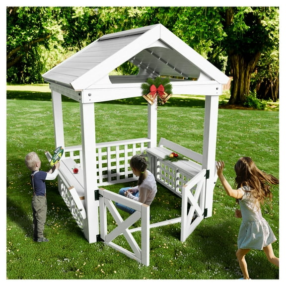 Wooden Playhouse Outdoor with Door - Kids Backyard Play House - Cedar Wood Construction - Durable & Easy Assembly - Rustic Design White   Minimalist   3 to 4 Years   Wood   Outdoor
