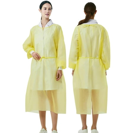 ProtectX (Yellow 10 Pack) Disposable Breathable Polypropylene Isolation Gown with Elastic Knit Cuffs, Covered Back, Extra-Long Double Ties, Universal Size
