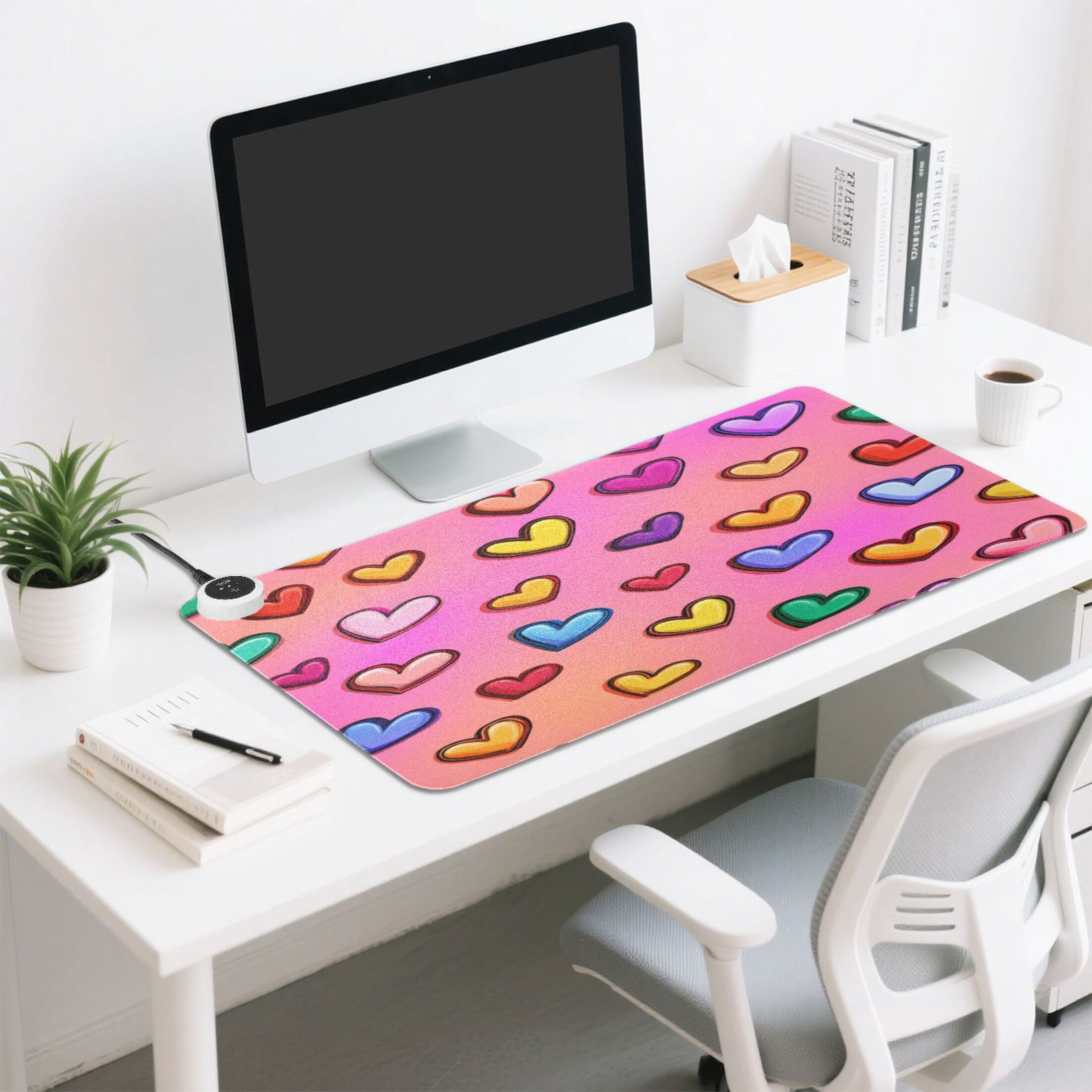 Large Heated Desk Mat Mouse Pad 31.5"x13"PU Leather Graphene Heating Desk Warmer with 3 Temperature Settings 110V US Plug Non-Slip Warm Pad for Home, Office, and Gaming Rainbow Heart Seamless Print
