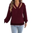 thumbnail image 2 of Women Vintage Knit V-Neck Hollow Contrast Stripe Lantern Long Sleeve Loose Knit Pullover Sweater Wine Red S, 2 of 10