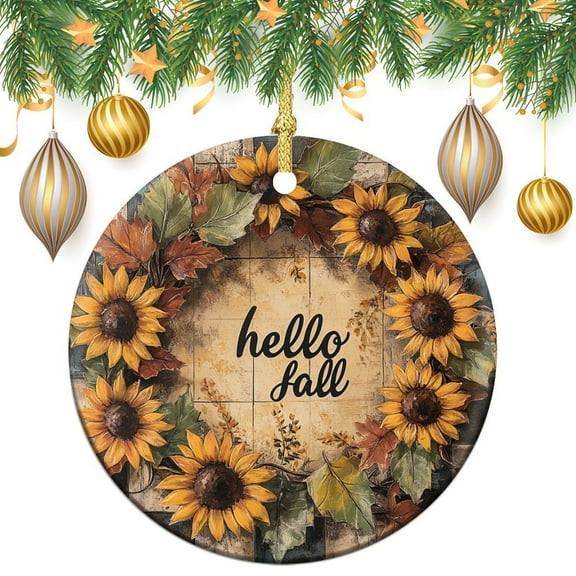 Christmas Ornament Pumpkin Wreath Autumn Thanksgiving Circle Ornament Hello Fall Wreath Sunflowers Christmas Home Office Tree Decorations Funny Gifts for Women/Men
