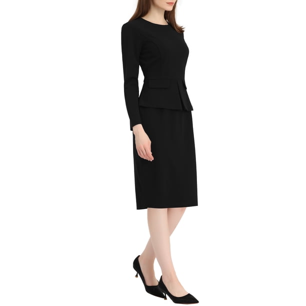 INSPIRE CHIC Women's Peplum Bodycon Dress Crew Neck Long Sleeve High  Waisted Midi Sheath Work Dress Black S - Walmart Business Supplies