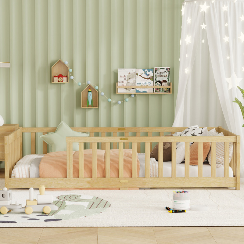 Mirightone Twin Size Floor Bed, Wood Montessori Floor Beds with Fence Railings and Slats Support, Twin Playhouse Bed Frame, No Box Spring Needed, (Natural)
