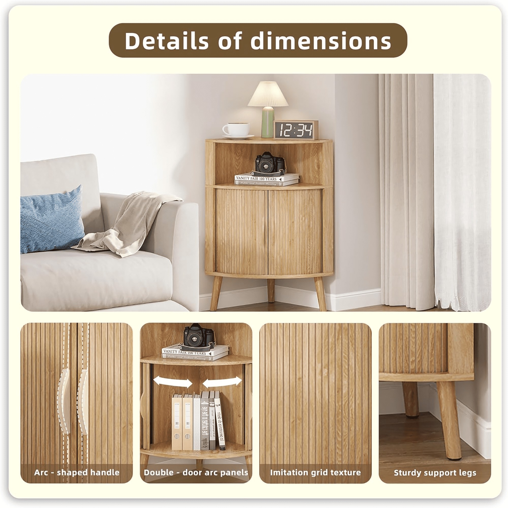 Fluted Bathroom Corner Storage Cabinet, Small Corner Floor Cabinet with Doors and Shelves, Freestanding Narrow Cabinets Organizer for Bathroom, Living Room, Kitchen, Natural