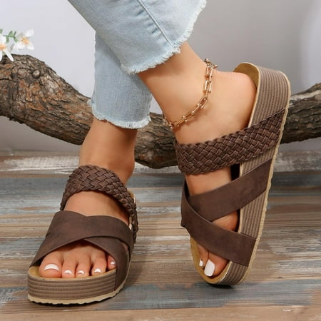 

Woven Cross-strap Slippers Summer Platform Sandals Women Flat Beach Shoes