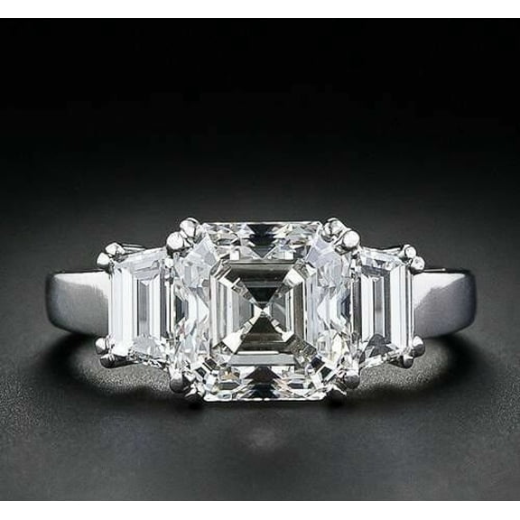 3Ct Asscher Cut Lab Created Diamond Three Stone Engagement Ring 14k White Gold Finish
