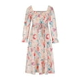thumbnail image 5 of Women's Fall Square Neck Casual Dress Long Sleeve Smocked Ruffle A Line Knee Length Dresses Floral Print Chiffon Dress, 5 of 7